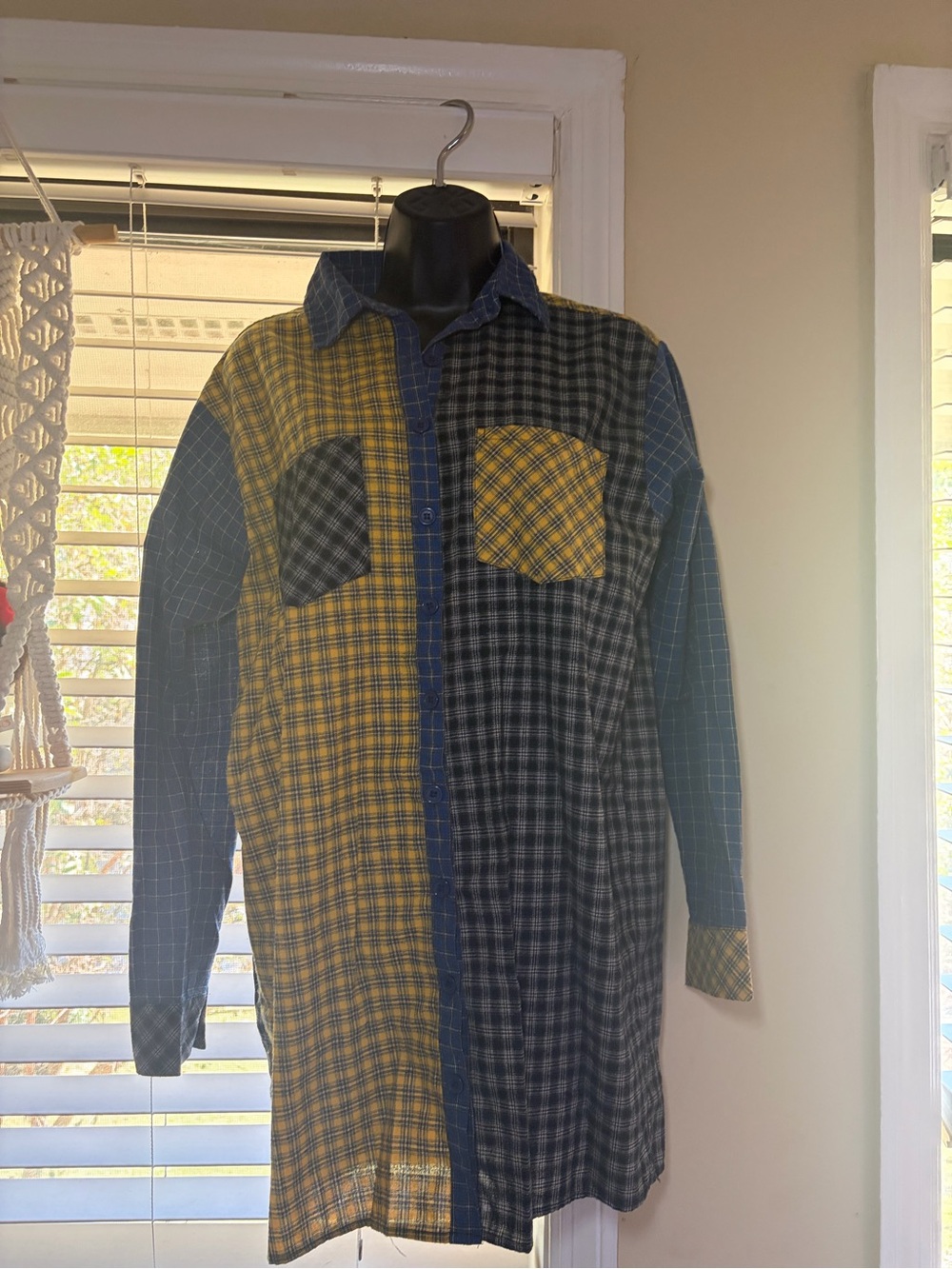 Urban Outfitters Patchwork Plaid Longline Shirt Jacket - Yellow & Blue